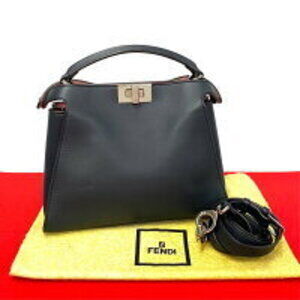 FENDI Peekaboo Essentially Leather Shoulder Handbag Navy Blue
